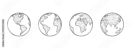 Set of globes of Earth. World map in globe shape Hand-drawn. Vector icons