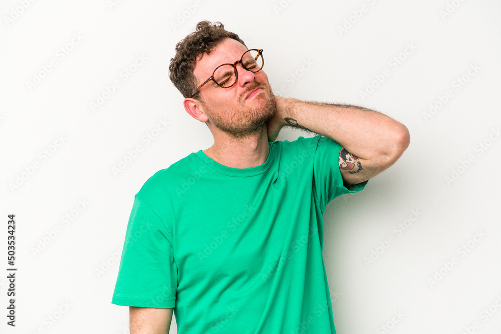 Young caucasian man isolated on white background massaging elbow, suffering after a bad movement. Young caucasian man isolated on white background massaging elbow, suffering after a bad movement.