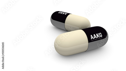 Capsules with biological additives on a white background. Supplement arginine alpha-ketoglutarate AAKG. Close-up. Medicine and pharmacology. 3D rendering. Illustration. photo