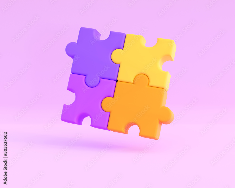 3d jigsaw puzzle pieces. Concept of business problems, education, development and teamwork. 3d high quality render on purple background.