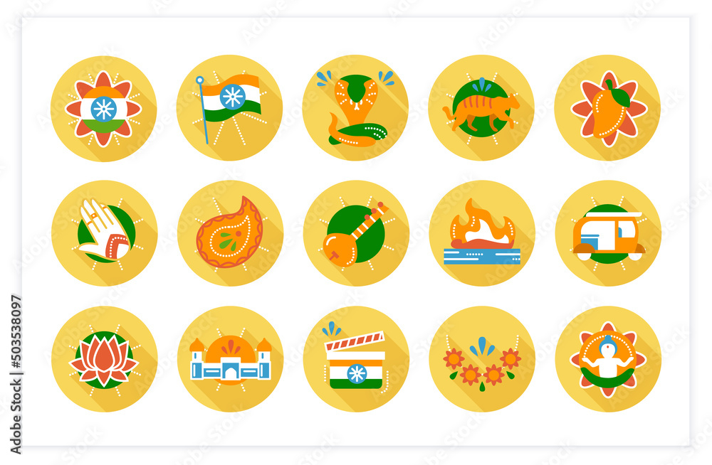 Indian culture flat icons set. National traditions and customs, festivals, religious symbols, ceremonies, cultural heritage, monuments and more. Color vector illustrations Indian culture flat icons set. National traditions and customs, festivals, religious symbols, ceremonies, cultural heritage, monuments and more. Color vector illustrations