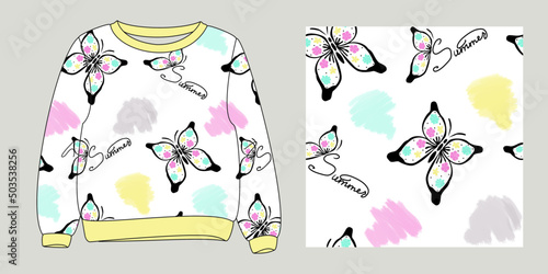 Vector illustration of sweatshirt with seamless pattern of butterflies