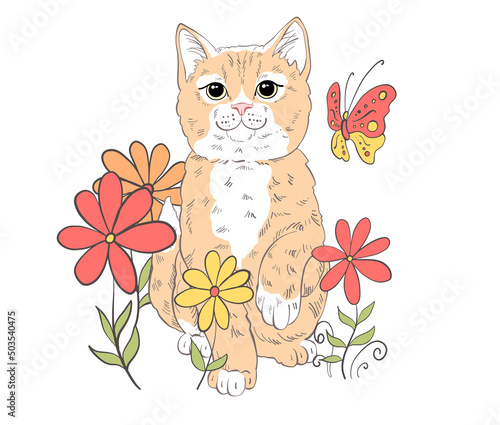 Cute and funny kitten silhouette looking curiously sitting in flowers playing