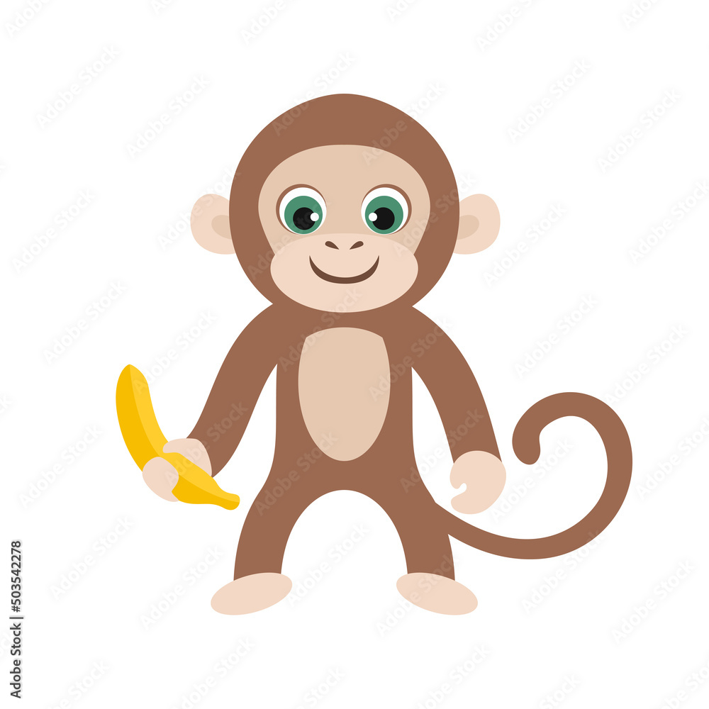 Fototapeta premium Cartoon funny monkey with banana. Cute tropical animal. Vector simple flat illustration.