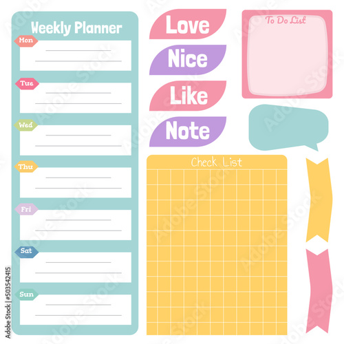 Cute paper notes. Stationary set. Scrapbook notes and cards.Printable planner stickers. To Do List note. Template for your message. Decorative planning element. Vector illustration.