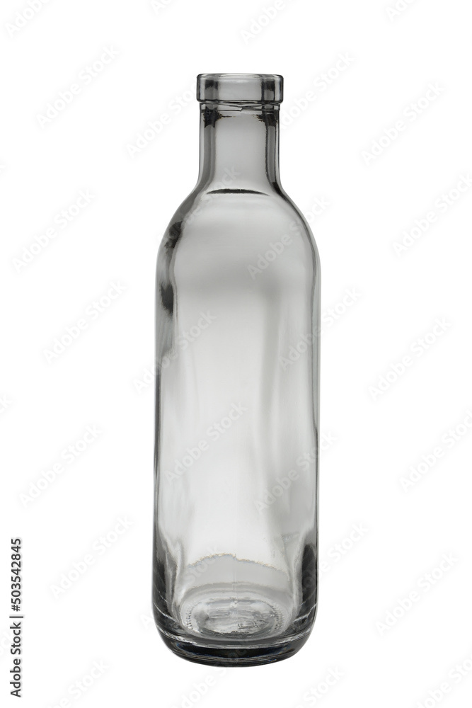 Empty, open bottle made of transparent glass. For non-alcoholic, carbonated refreshing drinks. Isolated on a white background, close-up. Empty, open bottle made of transparent glass. For non-alcoholic, carbonated refreshing drinks. Isolated on a white background, close-up.