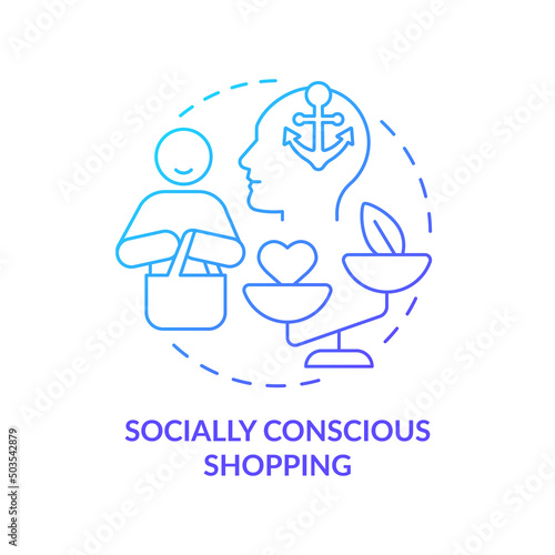 Socially conscious shopping blue gradient concept icon. Ethical and fair trade. Customer behavior trend abstract idea thin line illustration. Isolated outline drawing. Myriad Pro-Bold font used