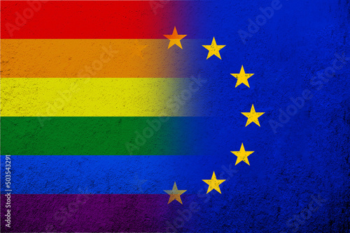 Flag of the European Union with Rainbow LGBT pride flag. Grunge background