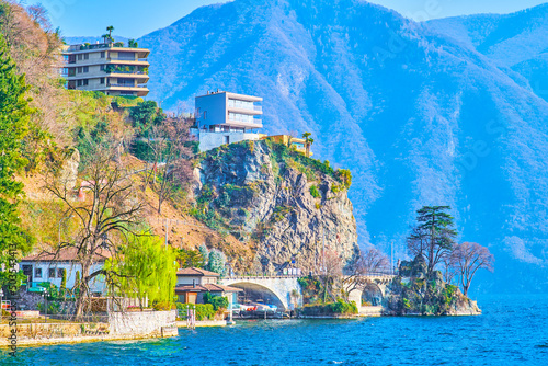 The shore of Lugano Lake in the center of Lugano city, Switzerland photo