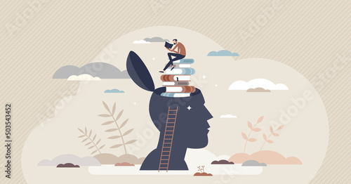 Lifelong learning and literature reading for education tiny person concept. Personal development and experience improvement with never stop learning mindset vector illustration. Stack of read books.