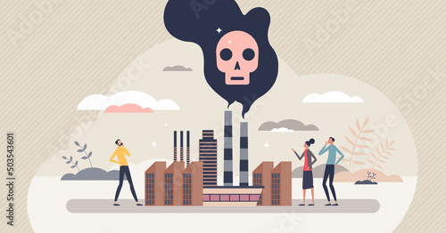 Pollution as air damaging with factory fumes and CO2 tiny person concept. Emission cloud from industrial manufacturing as toxic and environmental contamination vector illustration. Chimney smoke scene