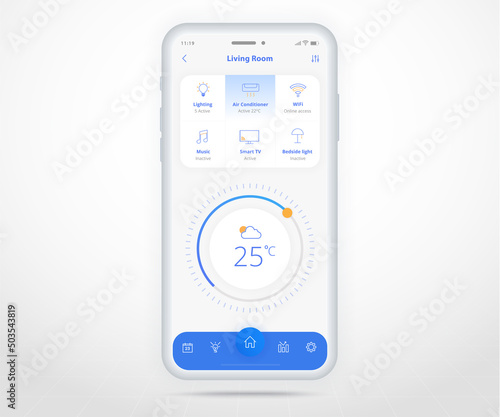 Smartphone smart home controlled app UX UI, IOT Internet of things technology, Digital future home automation tech, smart devices application phone, Wifi cctv lighting heating air, vector illustration
