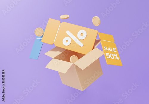 3d render parcel or open box discount coupon floating on purple background, promotion sale 50 percentage, shopping online concept. minimal cartoon illustration