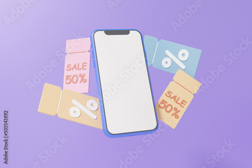 Minimal cartoon smartphone blank white screen with discount coupon floating on purple background, promotion sale 50 percentage cashback, shopping online concept. 3d rendering