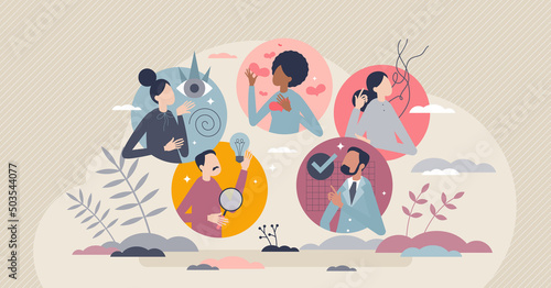 Personality types and individual social behavior styles tiny person concept. Psychological differences and various emotional states for personal emotion and feelings expression vector illustration.