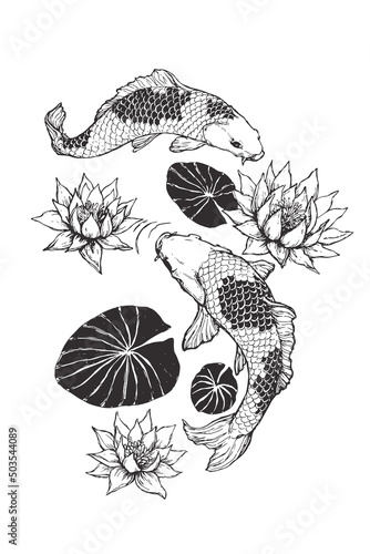 Vector illustration with fishes Koi and water flowers. Hand drawn sketch with Japan symbols of luck.
