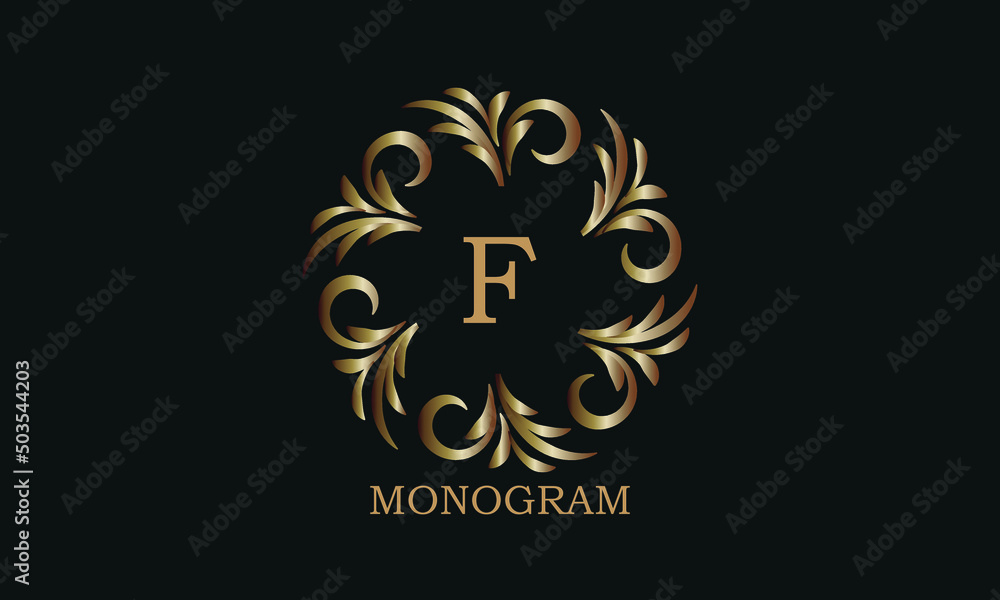 Golden monogram design template with letter F. Round logo, business identity sign for restaurant, boutique, cafe, hotel, heraldic, jewelry.