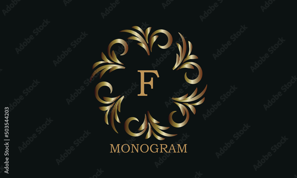 Golden monogram design template with letter F. Round logo, business identity sign for restaurant, boutique, cafe, hotel, heraldic, jewelry. Golden monogram design template with letter F. Round logo, business identity sign for restaurant, boutique, cafe, hotel, heraldic, jewelry.