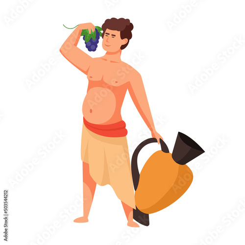 Ancient Greek god of winemaking. Dionysus. The mythological deities of Olympia. Wine. Bacchus or Dionysus. Vector illustration of the character of ancient greece. Harvest grapes, wine and fun.