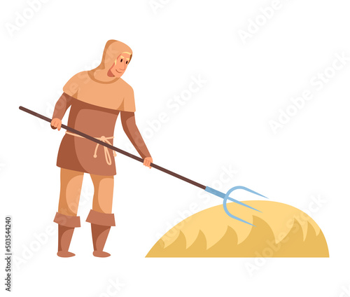 Medieval Peasant Male Character Wear Fabric Clothes Holding Fork Isolated on White Background. Historical Fairy Tale Actor, Personage of Middle Ages, Ancient Man. Cartoon Vector Illustration