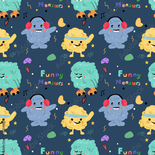 seamless children's patter with cute monsters, funny monsters and aliens in cartoon style on a background of doodles