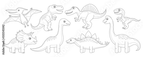 Dinosaur coloring page. Cartoon vector  outline dinosaur. Stegosaurus, Brachiosaurus, Pteranodon, Velociraptor, Tyrannosaurus, Triceratops, Brontosaurus, Spinosaurus. Coloring book for kids.