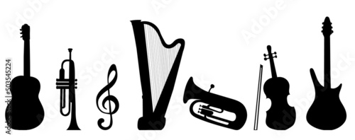 musical instruments set silhouette, on white background, isolated, vector