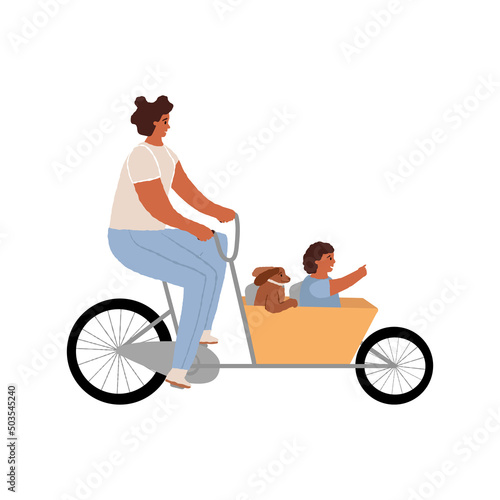 Mother with her son and dog riding a cargo cycle or bakfiets. Woman on the bike, her child and pet in the cart. Transport for family outdoor pastime, riding. Vector character isolated illustration.