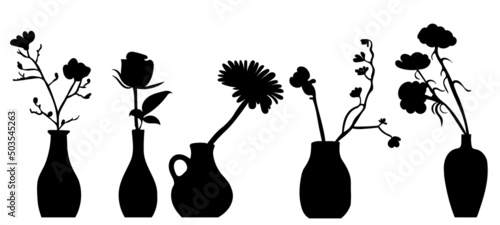 flowers in a vase set silhouette, on a white background, isolated, vector