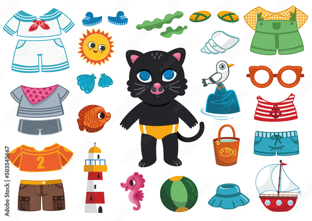 Dress up game with cat character in summer theme for kids. Vector illustration.