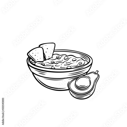 Avocado guacamole salsa with tortilla chips nachos and half avocado outline monochrome vector illustration in retro style.