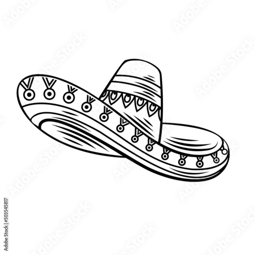 Mexican sombrero tradition hat outline icon vector. Drawn monochrome illustration in retro style .
