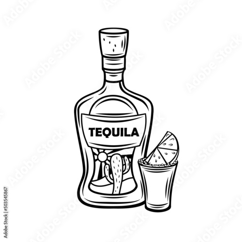 Tequila bottle and shot glass with slice of lime, mexican alcohol drink drawn outline vector illustration in retro style .