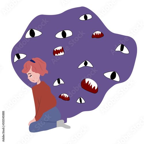 woman suffers from anxiety and depression, she is surrounded by a cloud of negative thoughts