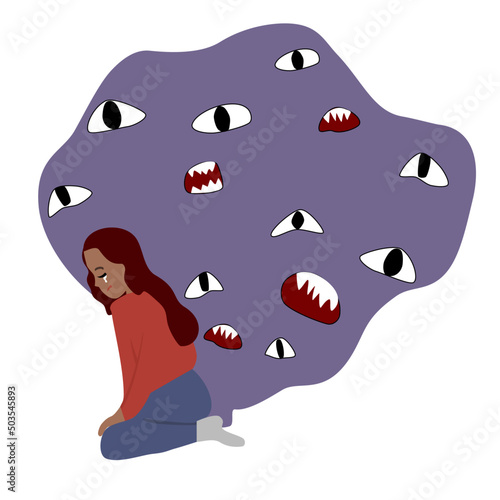 woman suffers from anxiety and depression, she is surrounded by a cloud of negative thoughts