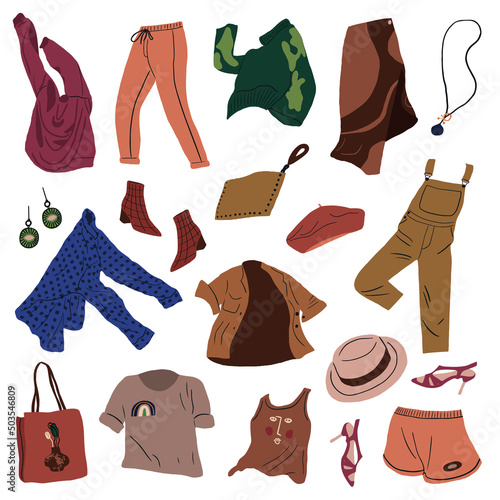 Fashion modern women clothes collection. Casual female garments and accessories. Coat, jumper, shirt, shoes, trousers, bag, shoes flying. Colored flat vector illustration isolated on white background