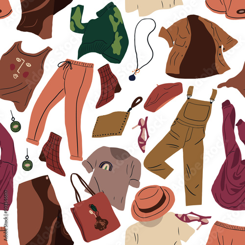 Seamless pattern with fashion modern women clothes. Casual female garments and accessories. Coat, jumper, shirt, shoes, trousers, bag, shoes flying. Colored flat vector background