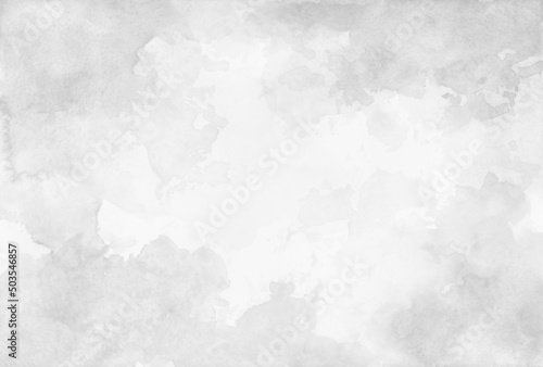 Hand painted white watercolor background. Blotches of gray paint with watercolor paper texture grunge. Abstract cloudy border design. 