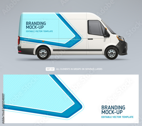 Editable Van Mock-up and wrap decal for livery branding design and corporate identity company. Abstract blue geometric graphics background. Decal design for services van and racing car