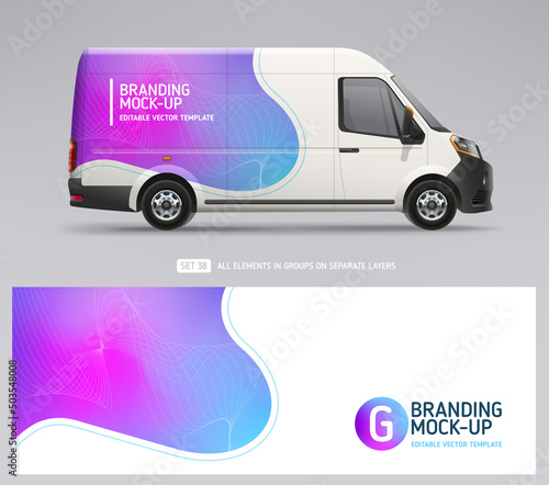 Editable Van Mock-up and wrap decal for livery branding design and corporate identity company. Abstract gradient background. Decal design for services van and racing car. Business flyer layout
