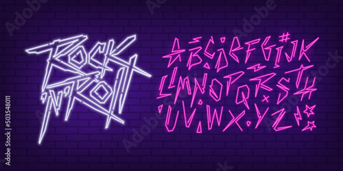 Rock Music Neon Sign with cyberpunk style typeface - editable vector template. Neon banner design for Rock music festival, Light sign, Neon font. Rock Party lettering design. Punk Rock music font
