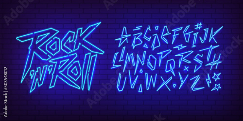 Rock Music Neon Sign with cyberpunk style typeface - editable vector template. Neon banner design for Rock music festival, Light sign, Neon font. Rock Party lettering design. Punk Rock music font 