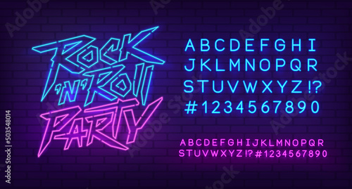 Rock Party Neon Light sign with type font - editable vector template. Neon tube letters design for Rock music, Light sign. Neon font. Rock Party cyberpunk style lettering design
