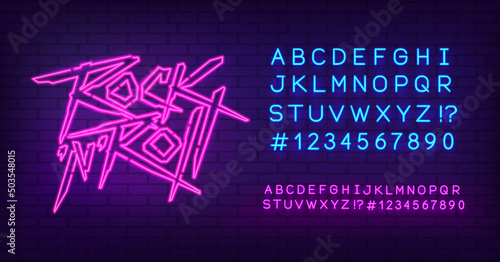 Rock n Roll Neon Sign with typeface - editable vector template. Neon banner design for Rock music font, Light sign, Bright Night Advertising. Neon font. Rock music lettering design
