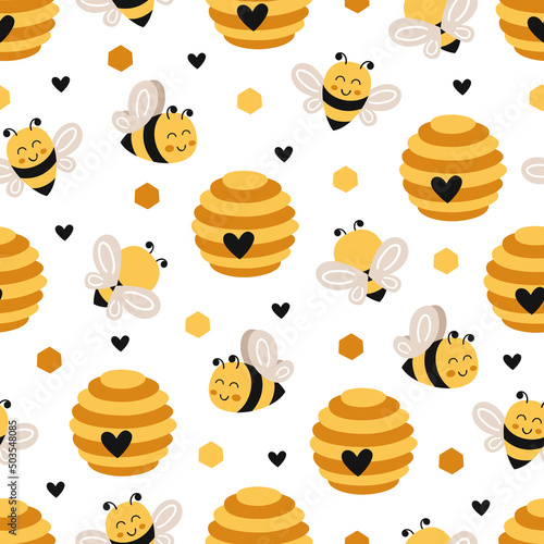 seamless pattern with cute little bee and beehive
