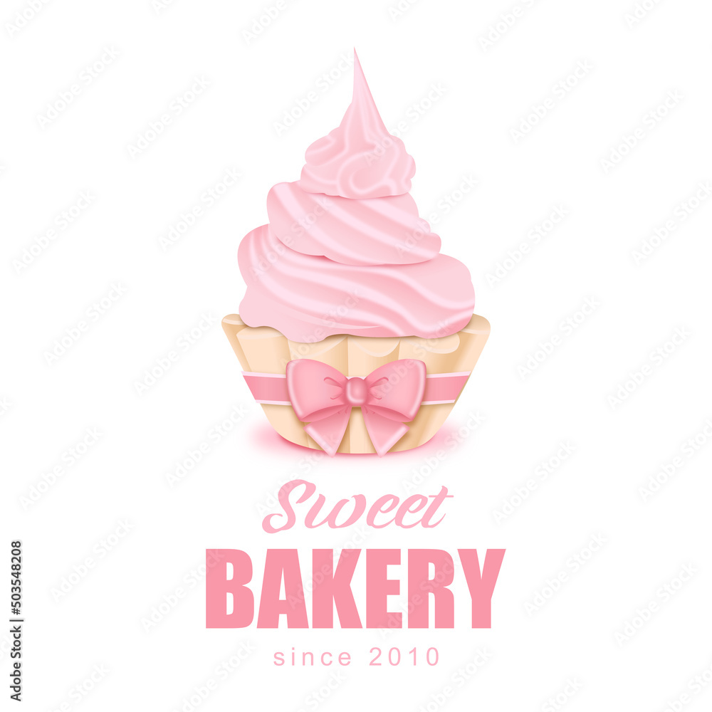 Sweet cupcake logo with pink cream and a bow on a isolated background Sweet cupcake logo with pink cream and a bow on a isolated background