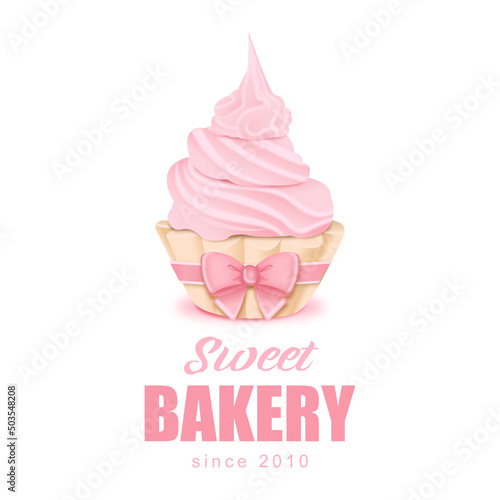 Sweet cupcake logo with pink cream and a bow on a isolated background
