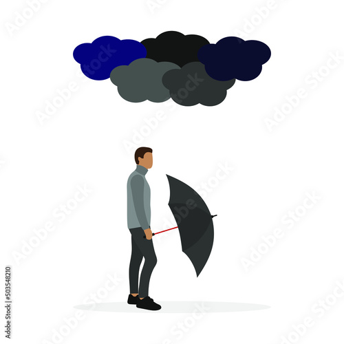 A male character with an open umbrella in his hand stands under the clouds on a white background