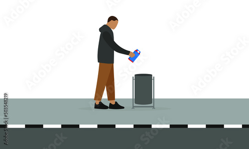 Male character throwing a carton of milk or juice into a trash can on the sidewalk