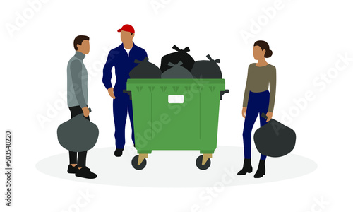 Three characters are standing near a full trash can on a white background
